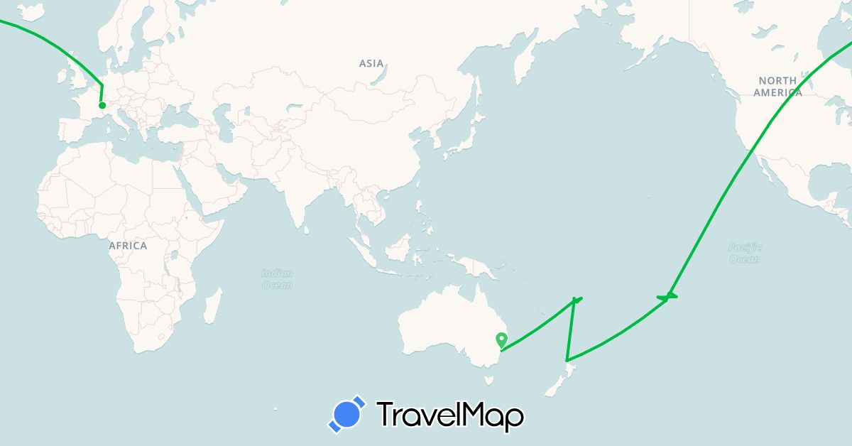 TravelMap itinerary: bus in Australia, Switzerland, Germany, Fiji, New Zealand, French Polynesia, United States (Europe, North America, Oceania)